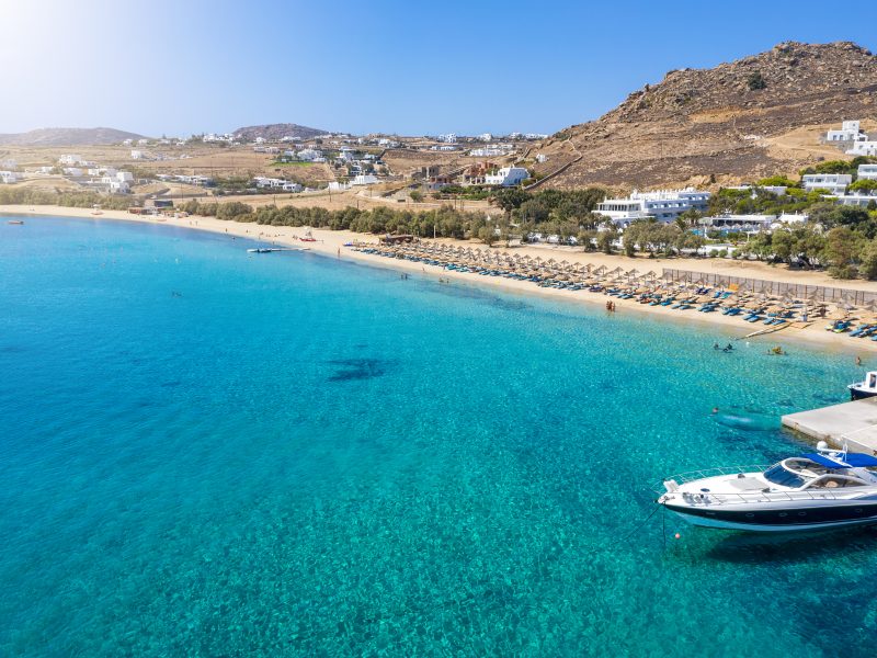 Aerial,View,To,The,Popular,Kalafatis,Beach,On,Mykonos,Island