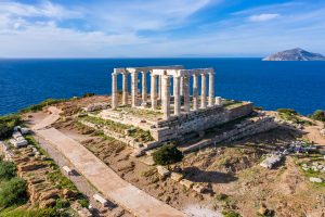Cape Sounio Greece Poseidon Temple Aerial Drone View Archaeological Site