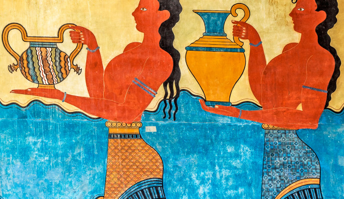 detail of the Procession Fresco at Knossos Palace in Crete Greece