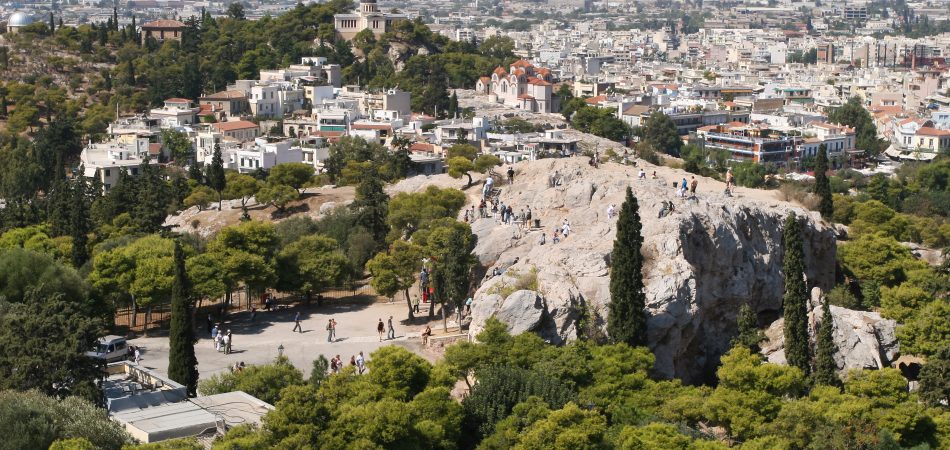 View from Acropolis to Areios Pagos and Planetarium