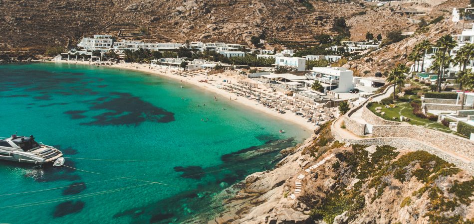Aerial,View of Psarou Nammos Beach Mykonos with Luxury Resorts.