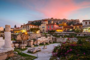 Remains of Hadrian's Library and Acropolis In the Old Town Athens Greece.
