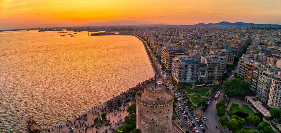 Aerial,View,Of,Famous,White,Tower,Of,Thessaloniki,At,Sunset,