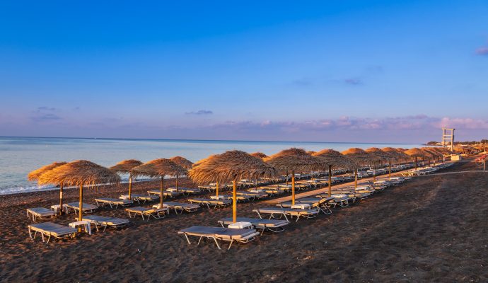 Sunrise at Perivolos Beach. Santorini Island Greece.