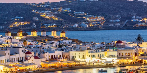 Chora Port of Mykonos Island With Famous Windmills.