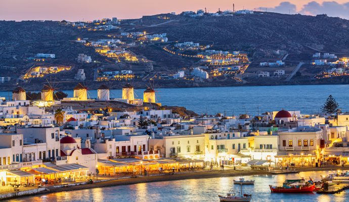 Chora Port of Mykonos Island With Famous Windmills.