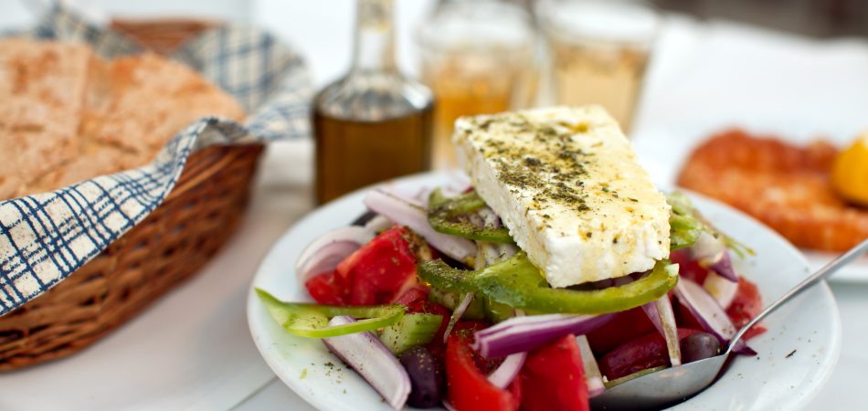 Greek,Salad,With,Country,Bread,And,Home,Made,White,Wine