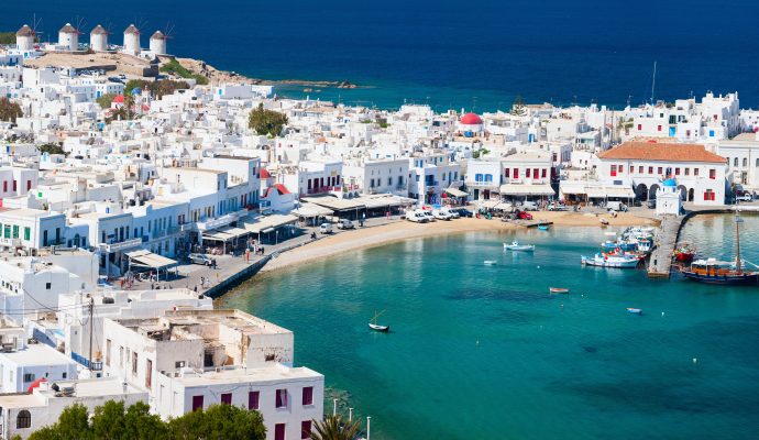 Panorama of Traditional Village With,White Houses On Mykonos.