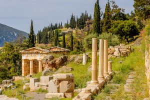 Athenian Treasury In Delphi. Archaeological Site In Greece.