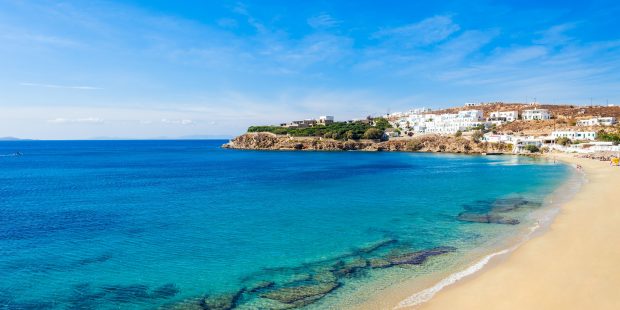 Agios Stefanos Beach On The Mykonos Island Greece