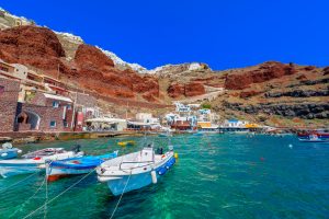 Ammoudi Village with Fishing Boats in Santorini island.