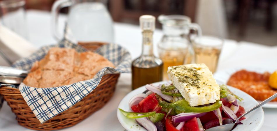 Greek,Salad,With,Country,Bread,And,Home,Made,White,Wine