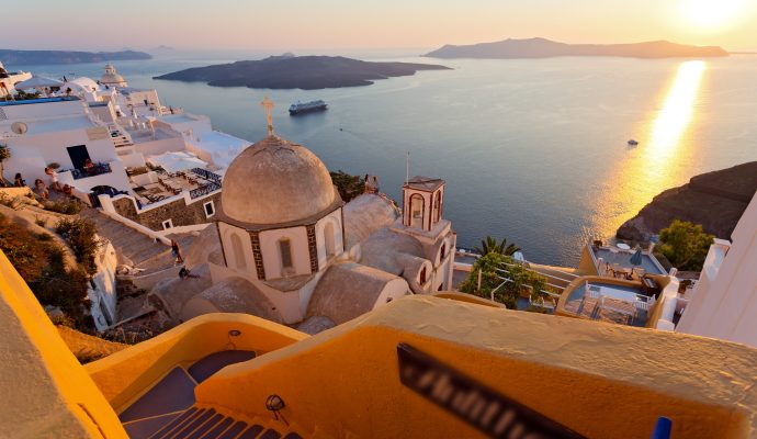 Panoramic view of Santorini caldera at sunset