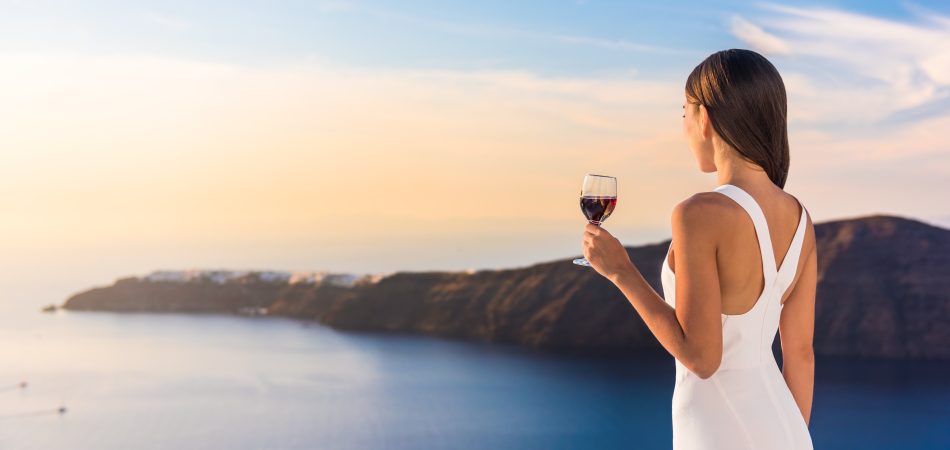 Young,Woman,Drinking,Red,Wine,On,Outdoor,Terrace,Watching,Beautiful
