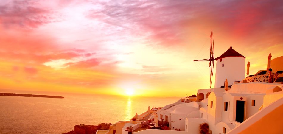 Santorini with famous windmill in Greece, Oia village