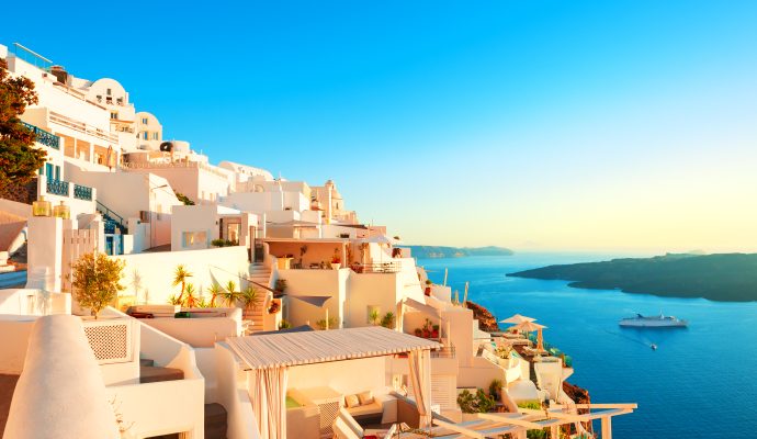 White,Architecture,On,Santorini,Island,,Greece.,Panoramic,View,At,Sunset.
