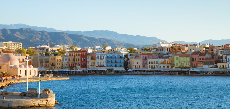 venetian habour of Chania with historical houses at sunny day, Crete, Greece
