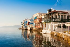 Little-Venice-at-sunset-on-Mykonos-Island-in-the-Mediterranean-Sea.-Greece.