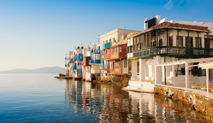 Little Venice sunset. Mykonos Island Greece.
