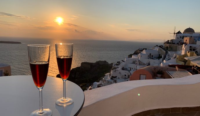 Santorini sunset caldera view in Greece