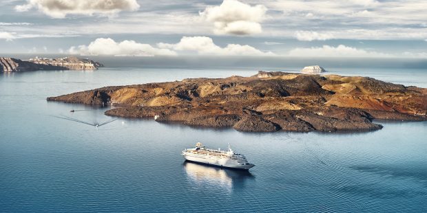 Beautiful Landscape with Sea View. Cruise Liner at the Sea of Santorini.