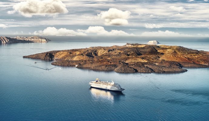 Beautiful Landscape with Sea View. Cruise Liner at the Sea of Santorini.