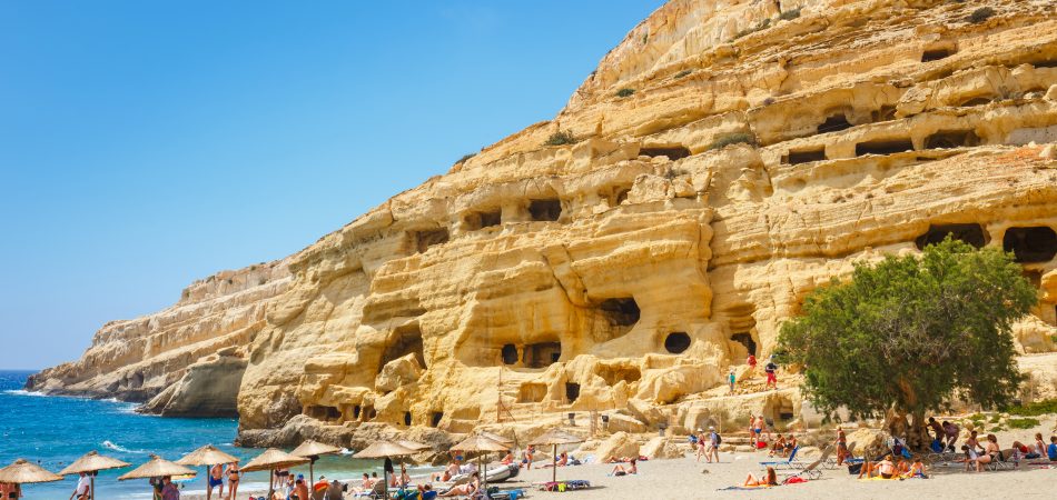 Crete Island Greece Panorama of Matala Beach.