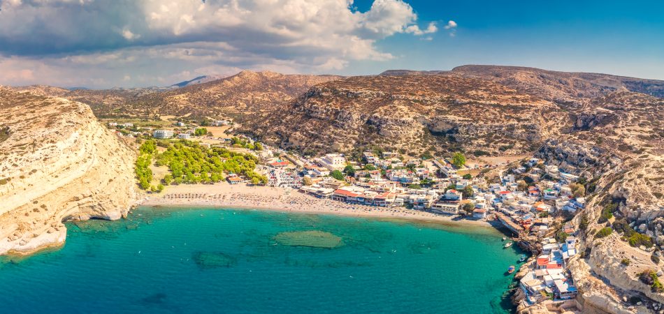 Matala beach at Crete Island Greece, With Azure Clear Water,