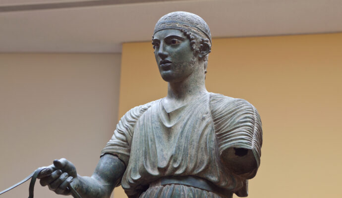 Charioteer statue located at Delphi museum in Greece.