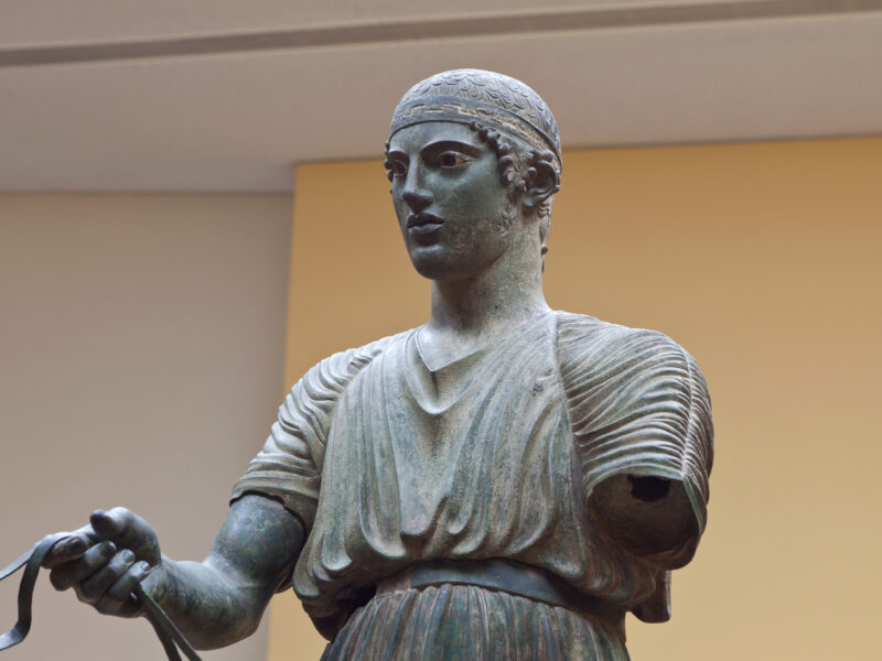 Charioteer statue located at Delphi museum in Greece.