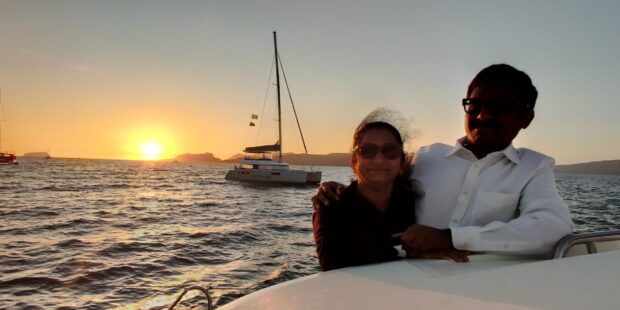 our happy travellers on a Catamaran sunset cruise.