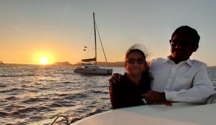 our happy travellers on a Catamaran sunset cruise.