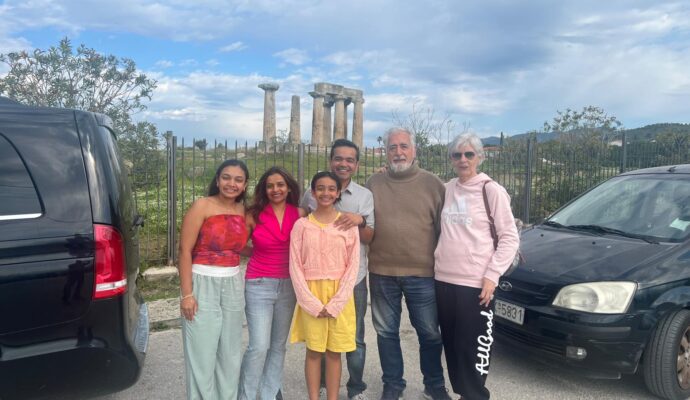 Antonis Seretis and Carin at Ancient Corinth 1 with Patel Family from US.