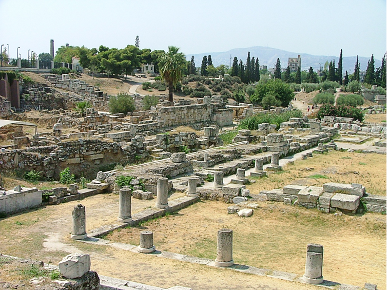 Ancient Agora of Athens ruins with columns and archaeological site in Greece